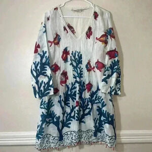 Soft Surroundings Womens L Beachy Vacation Cover Up Coastal Fish‎ Reef Pintuck
